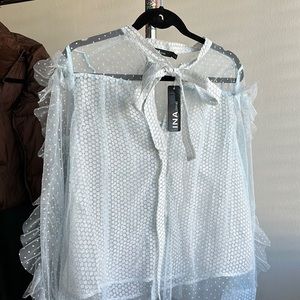 Blue lace women’s top - Size M, light blue polka dots and ruffles